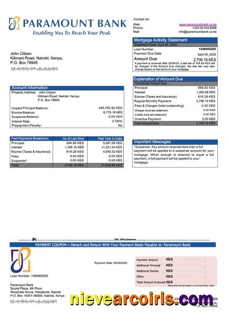 Kenya Paramount Bank mortgage statement Word and PDF template